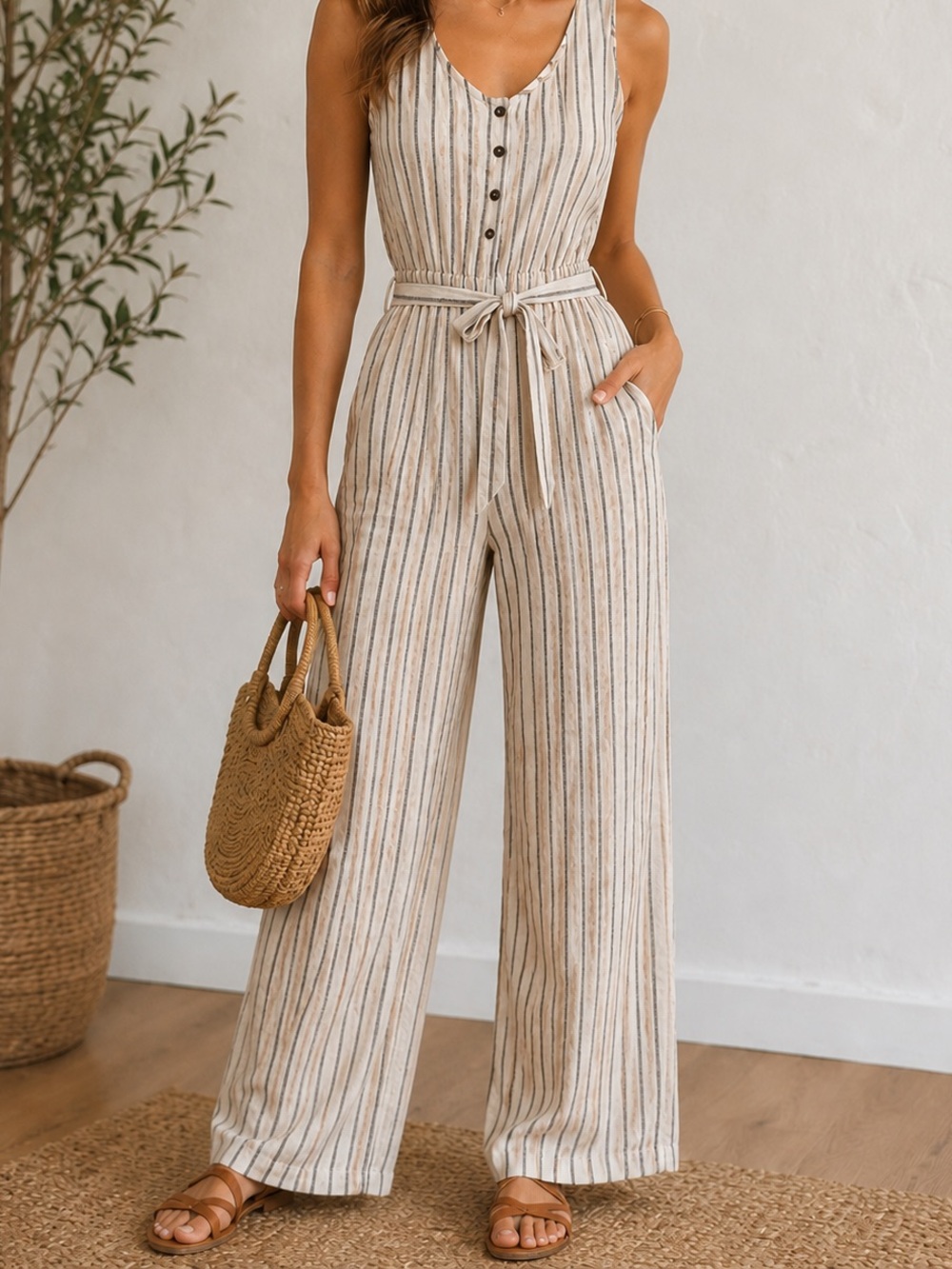 Tribal Femme Striped Wide Leg Jumpsuit Romper Tie Waist Neutral Boho Chic